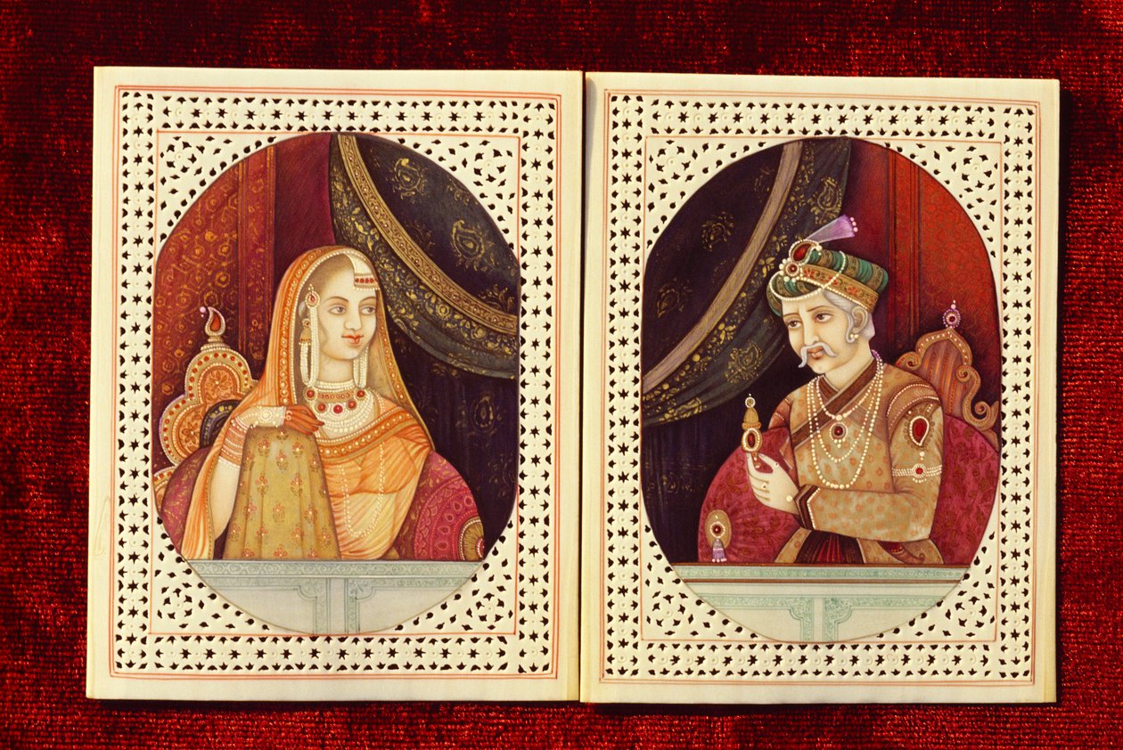 Mughalkejsaren Akbar  elfenbensmålning från Jodhabai av School Indian