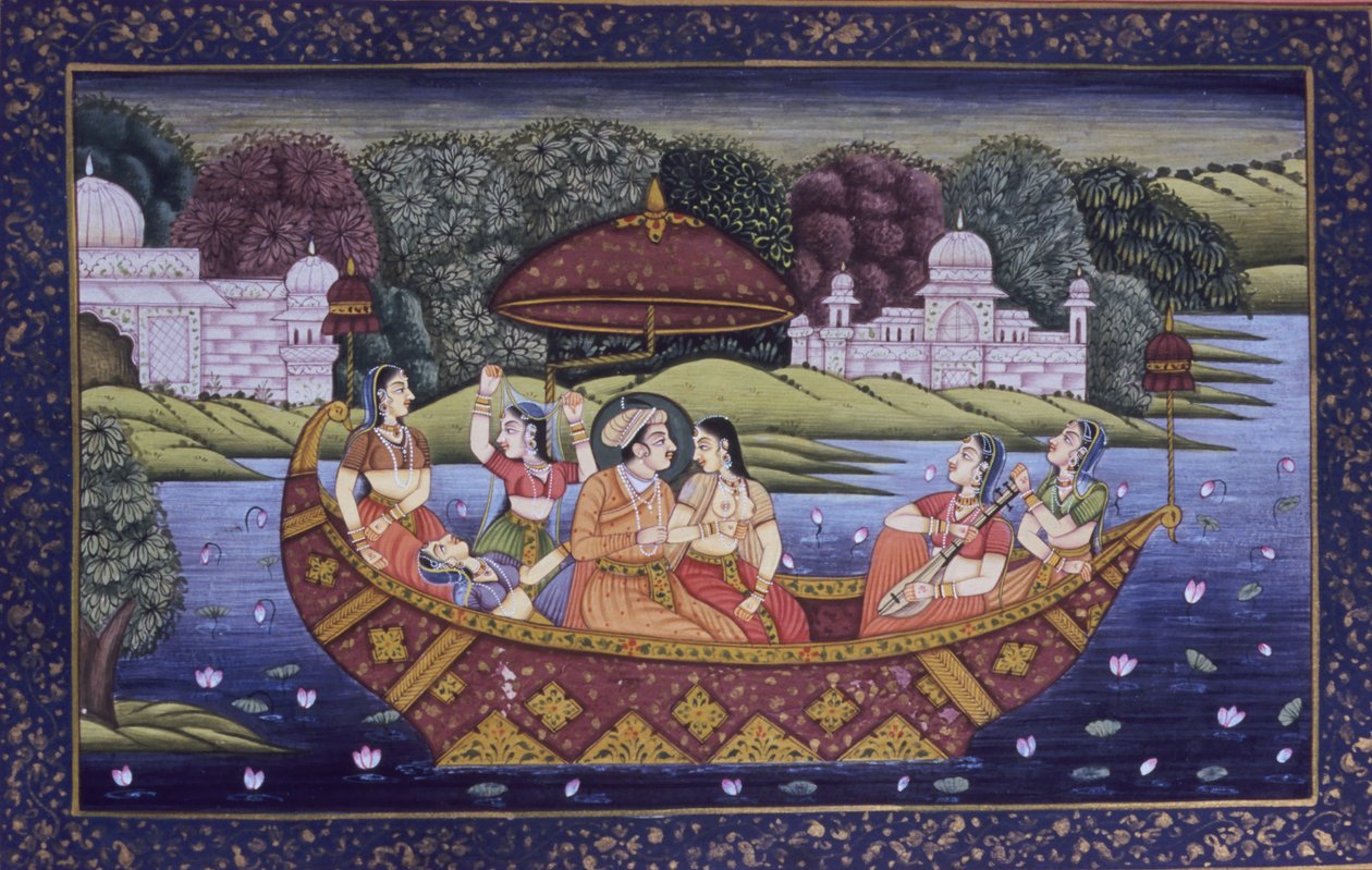 Mughal miniatyrmålning på papper, kunglig kärleksscen och njutande av musik i båt av School Indian