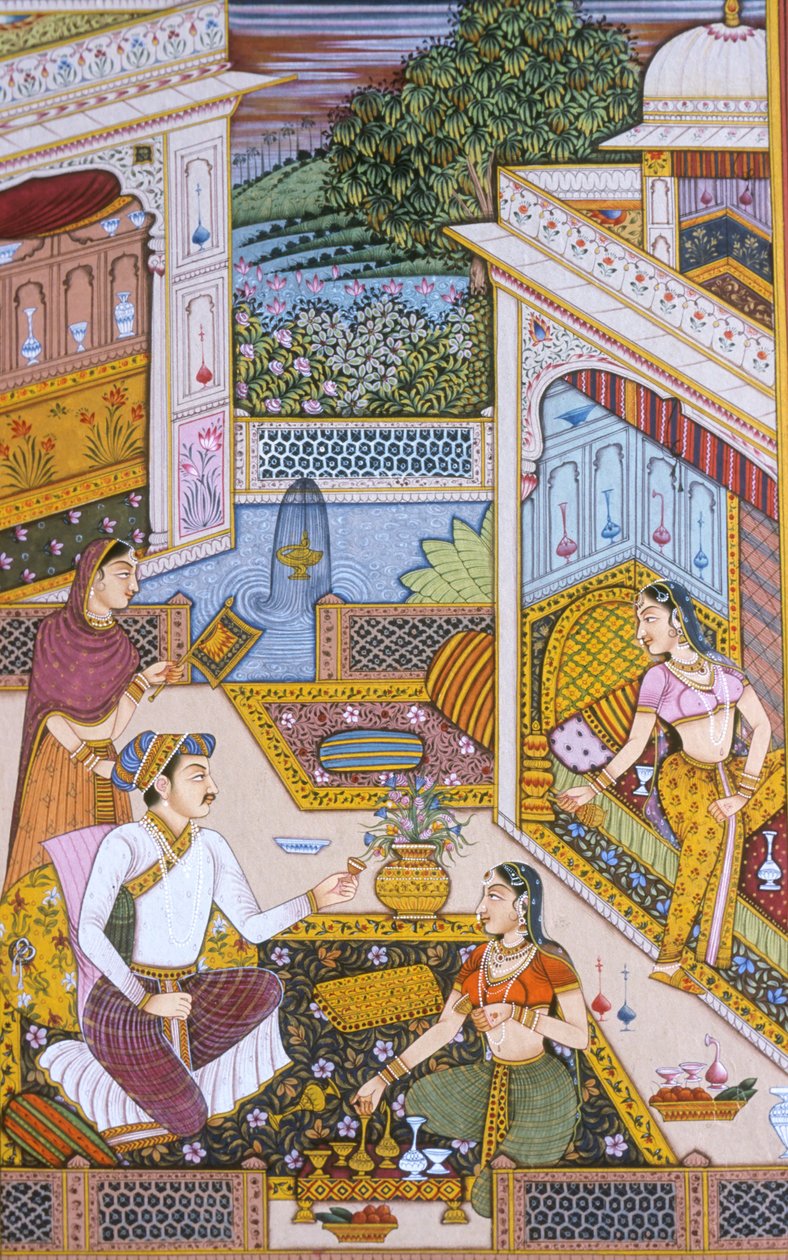 Mughal Miniatyrmålning på papper Kunglig kung som njuter av en drink av School Indian