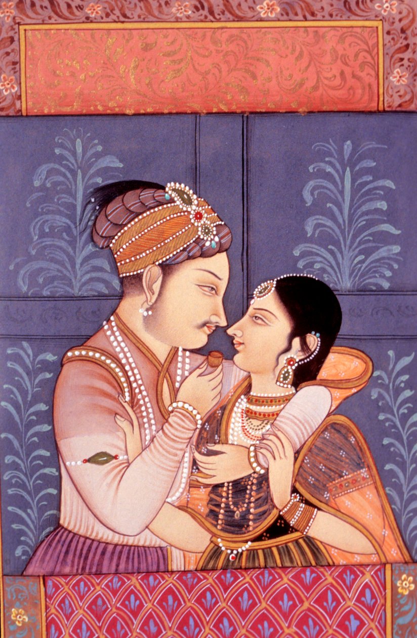 Mughal-miniatyrmålning på papper av kärleksscen (miniautre) av School Indian