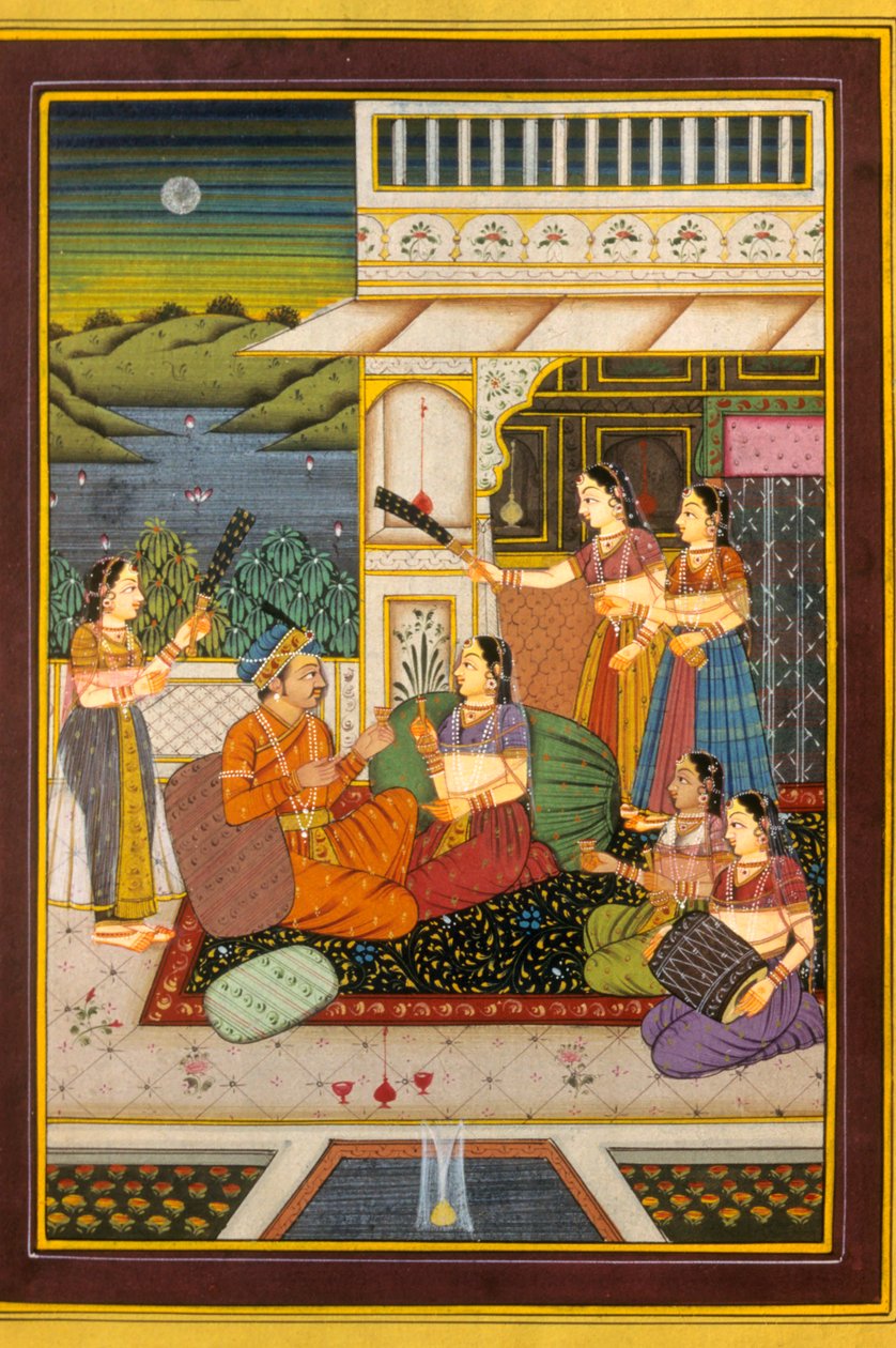 Mughul miniatyrmålning, kärleksscener, Indien av School Indian