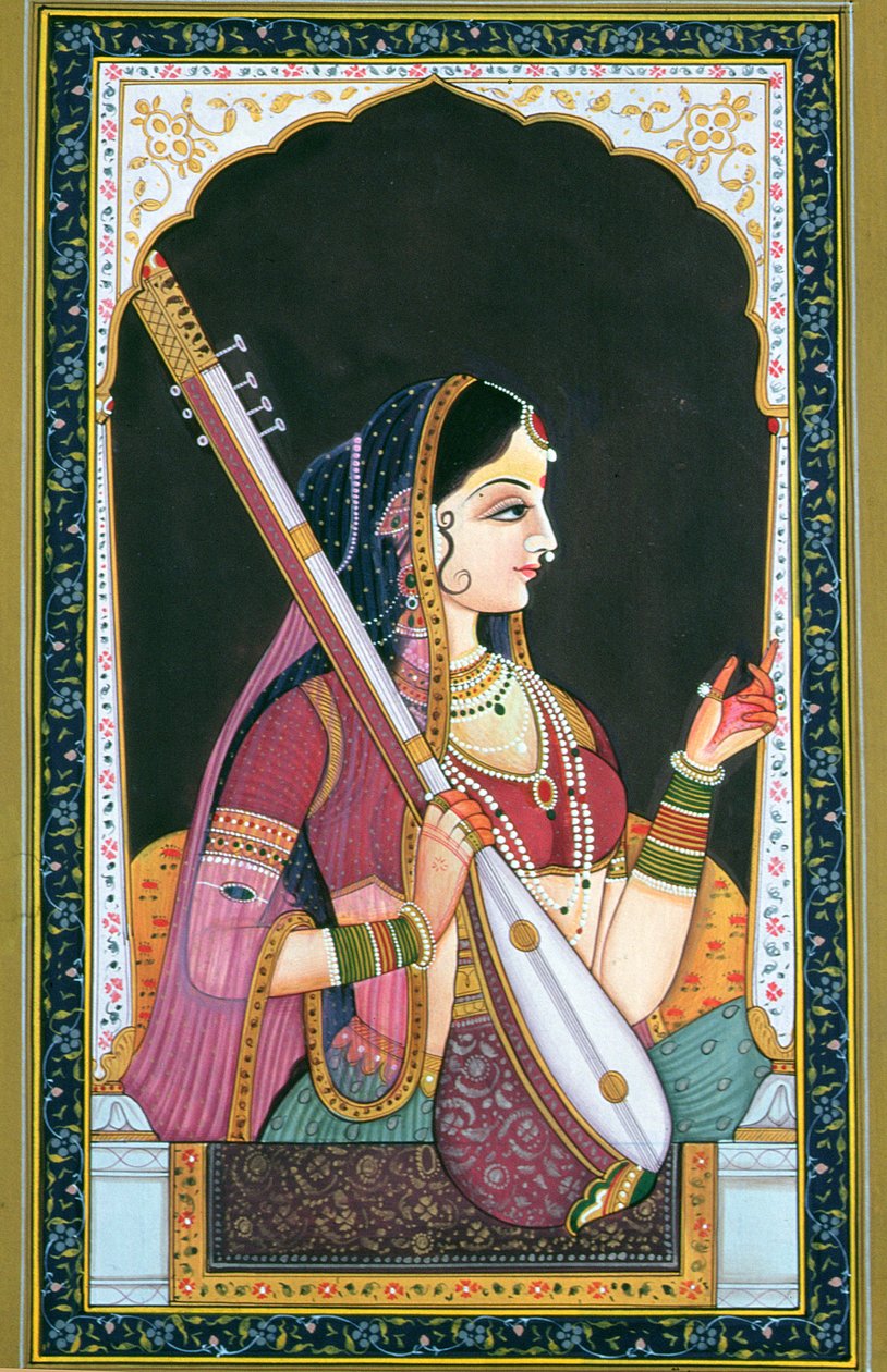 Musician Lady (gouache och akvarell på papper) av School Indian
