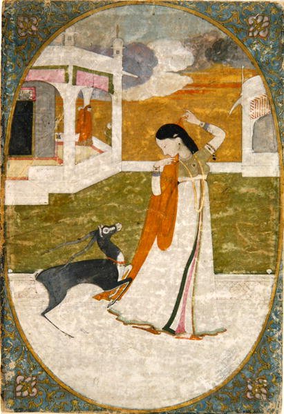 Nayika med rådjur, Punjab Hills (täckande akvarell på papper) av School Indian