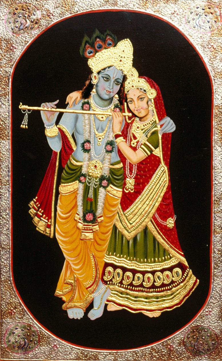 Målning av guden Krishna och hennes största tillbedjare Radha, Indien av School Indian