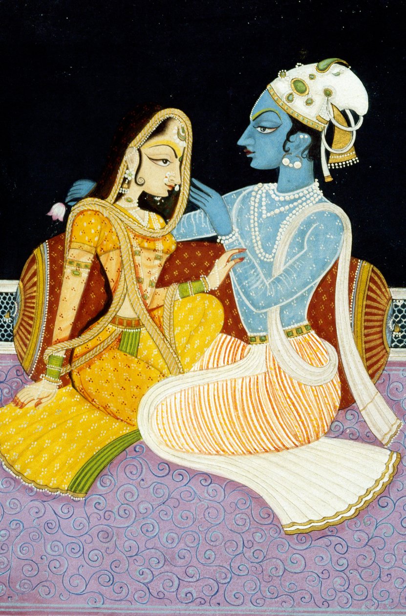 Målning av guden Krishna och hennes största hängivna Radha, Indien av School Indian
