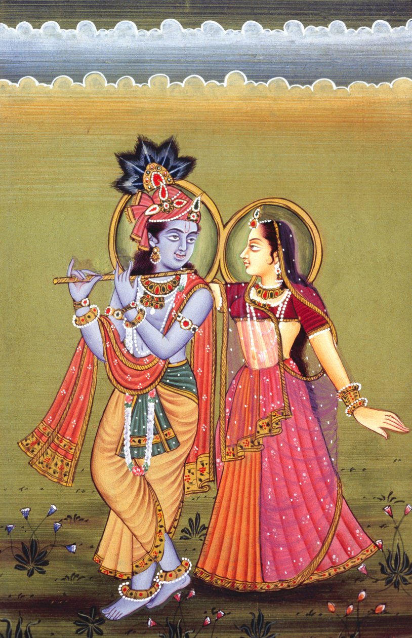 Målning av guden Krishna och hennes största hängivna Radha, Indien av School Indian