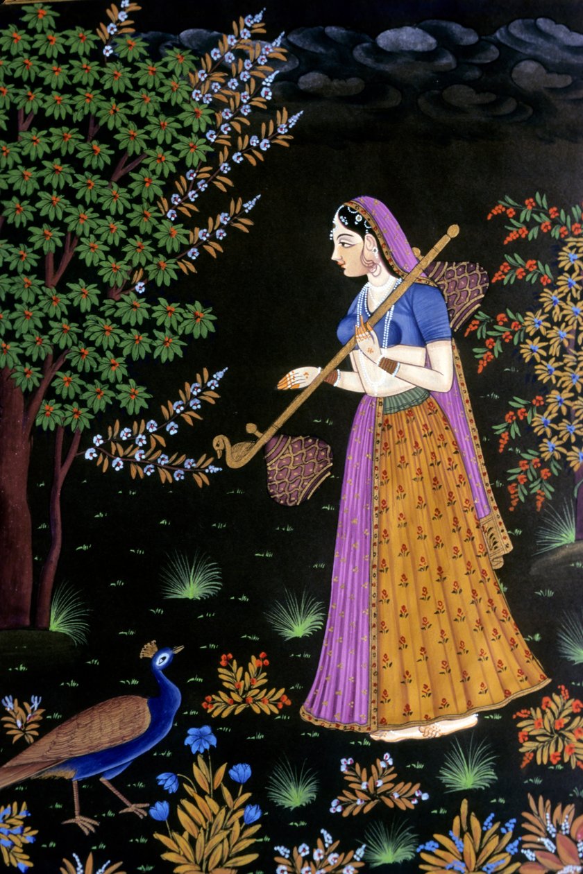 Målning på papper, kvinna som njuter av musik, Indien av School Indian