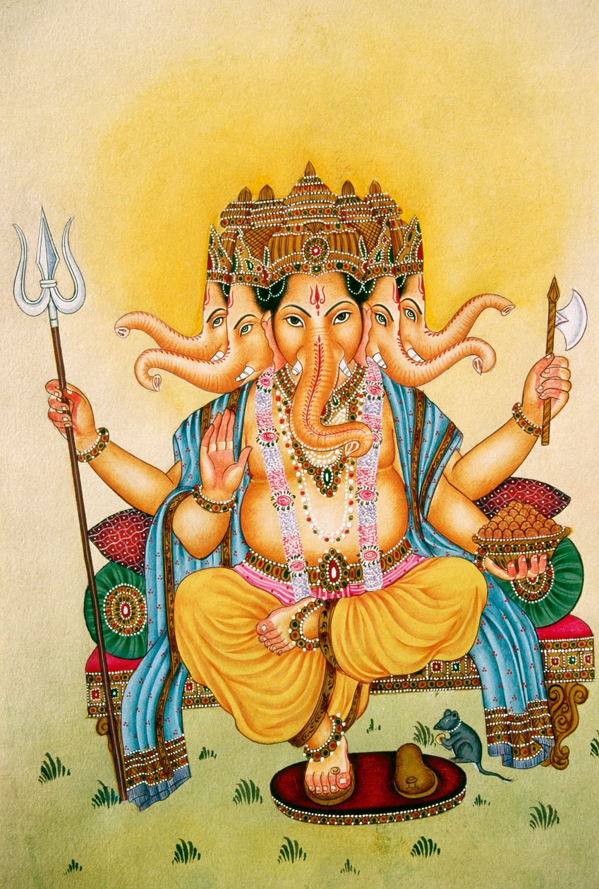 Panchmukhi Lord Ganesh Ganpati Miniatyrmålning på papper av School Indian