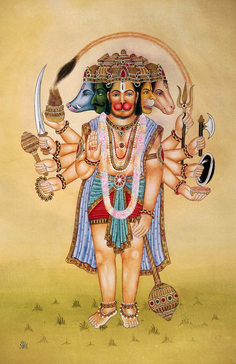 Panchmukhi Lord Hanuman Miniatyrmålning på papper av School Indian