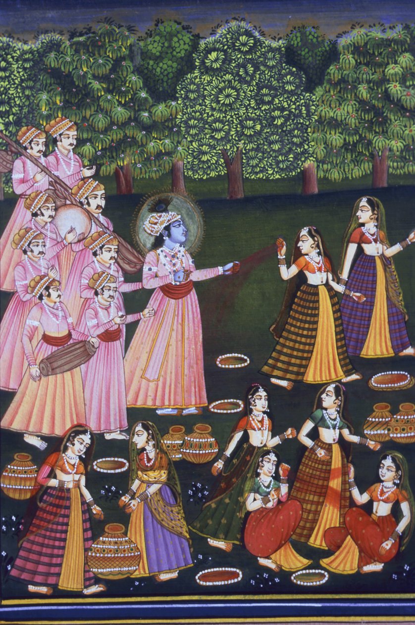 Bild på Krishna som leker Holi med Gopies (Nalkdwral Pichwai Chool), Indien av School Indian