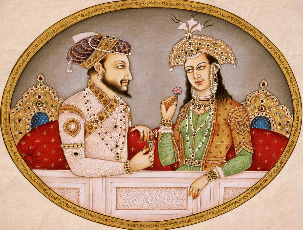 Porträtt av mogulkejsaren Shahjahan med drottning Mumtaz Mahal, Indien av School Indian