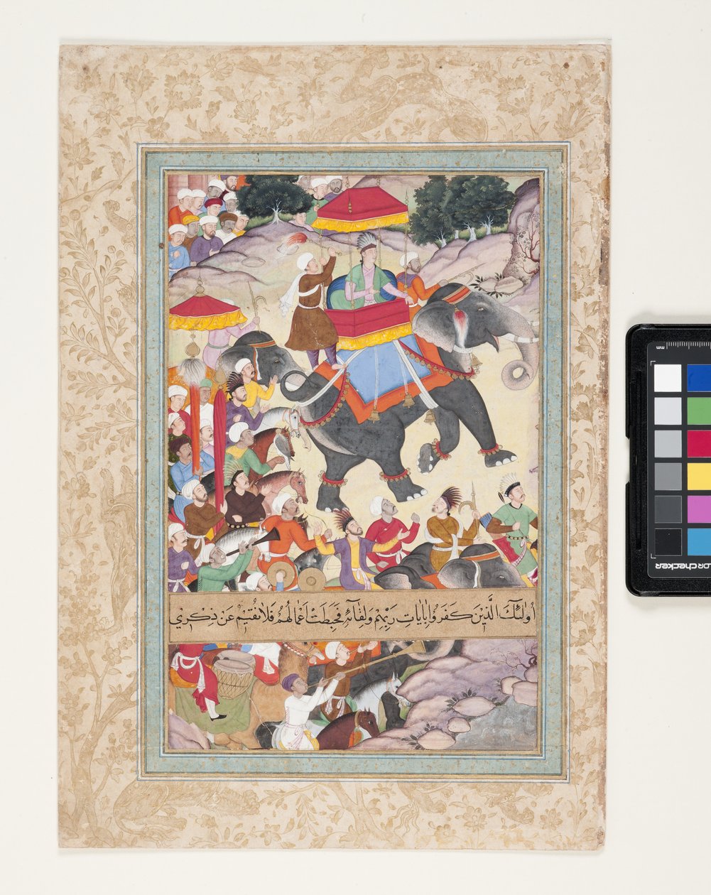 Prins som rider på en elefant i spetsen för sin armé (penselbläck, bladguld och gouache på papper) av School Indian