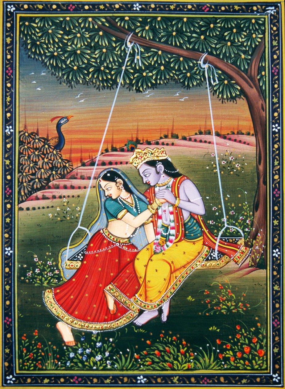 Radha Krishna njuter av Jhoola Miniatyrmålning på papper av School Indian