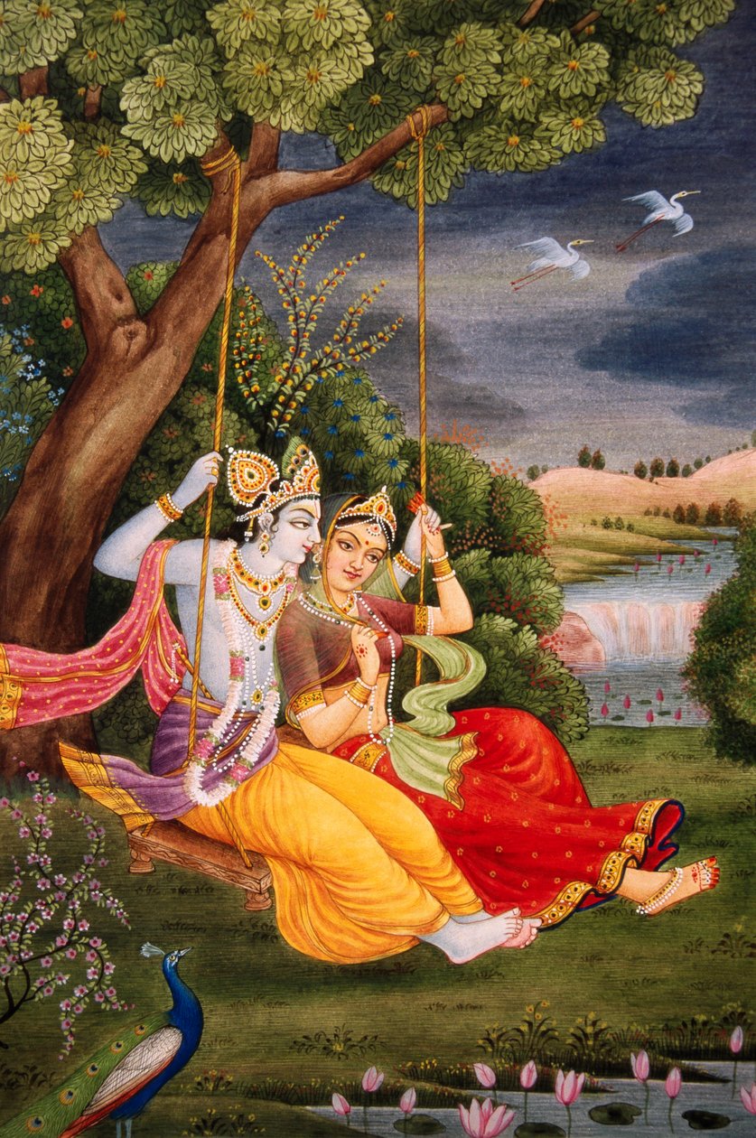 Radha Krishna njuter av Jhoola Miniatyrmålning på papper av School Indian