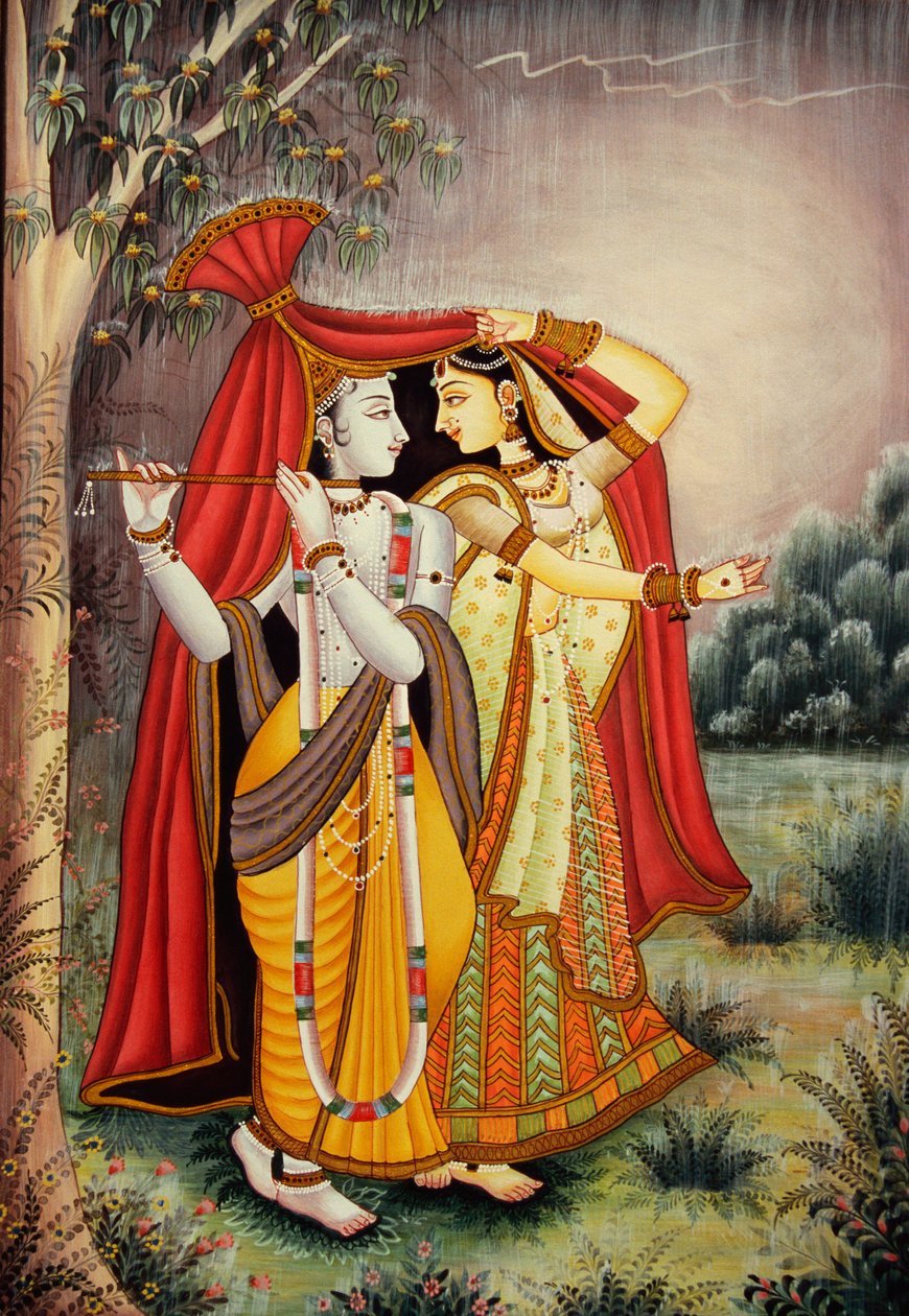 Radha Krishna miniatyrmålning i Monsoon på papper av School Indian
