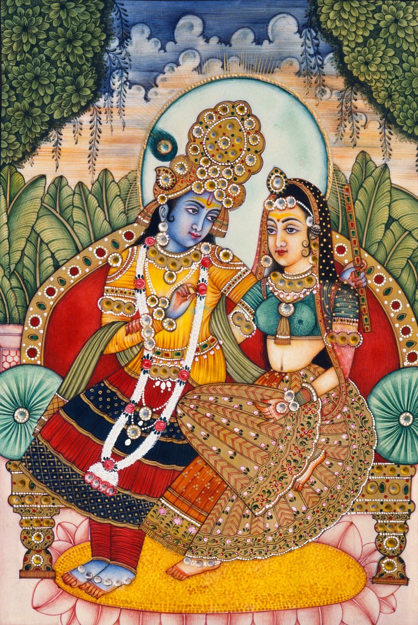 Radha Krishna miniatyrmålning på elfenben av School Indian