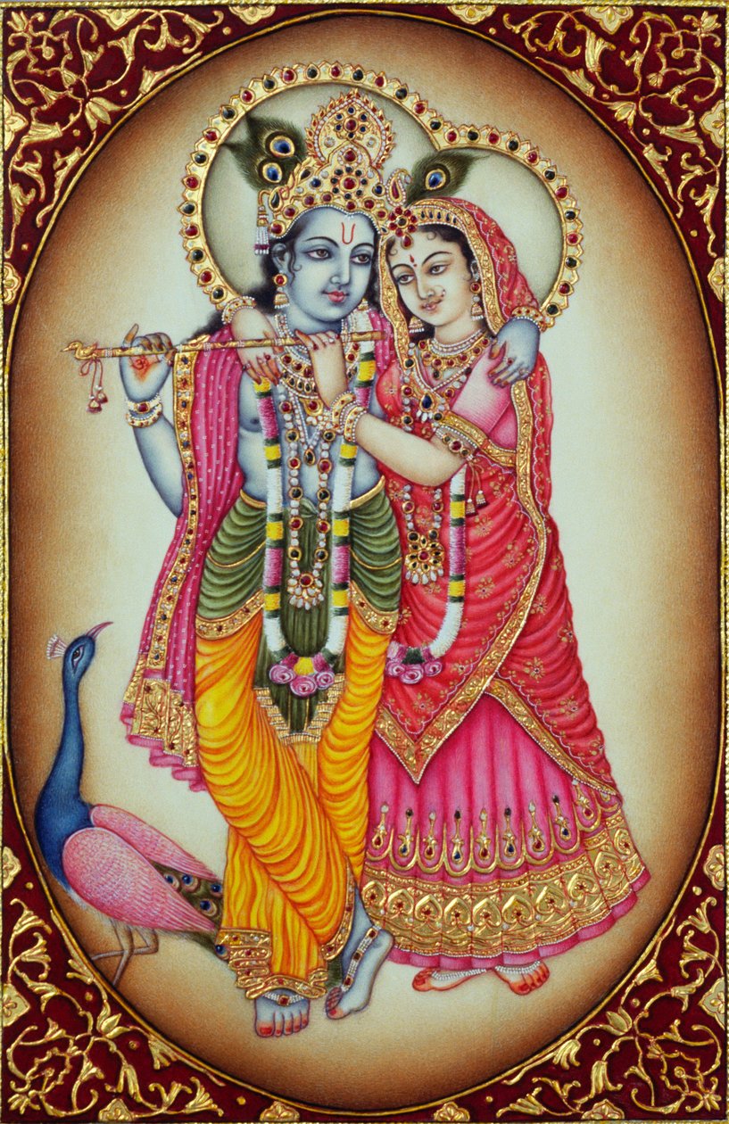 Radha Krishna miniatyrmålning på elfenben av School Indian