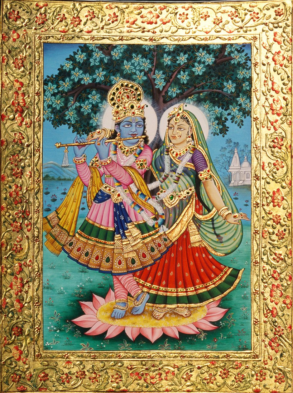 Radha Krishna Miniatyrmålning på papper med gyllene prägling av School Indian