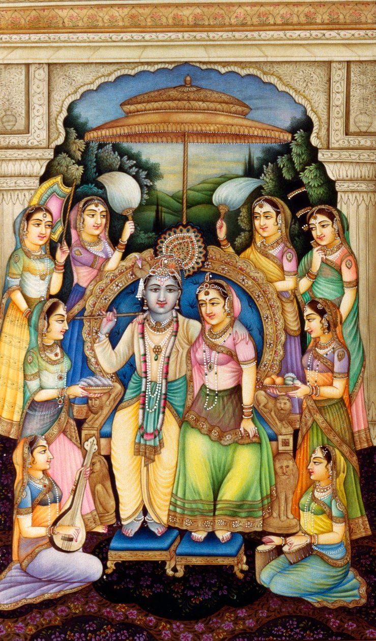 Radha Krishna i miniatyrmålning på elfenben av School Indian