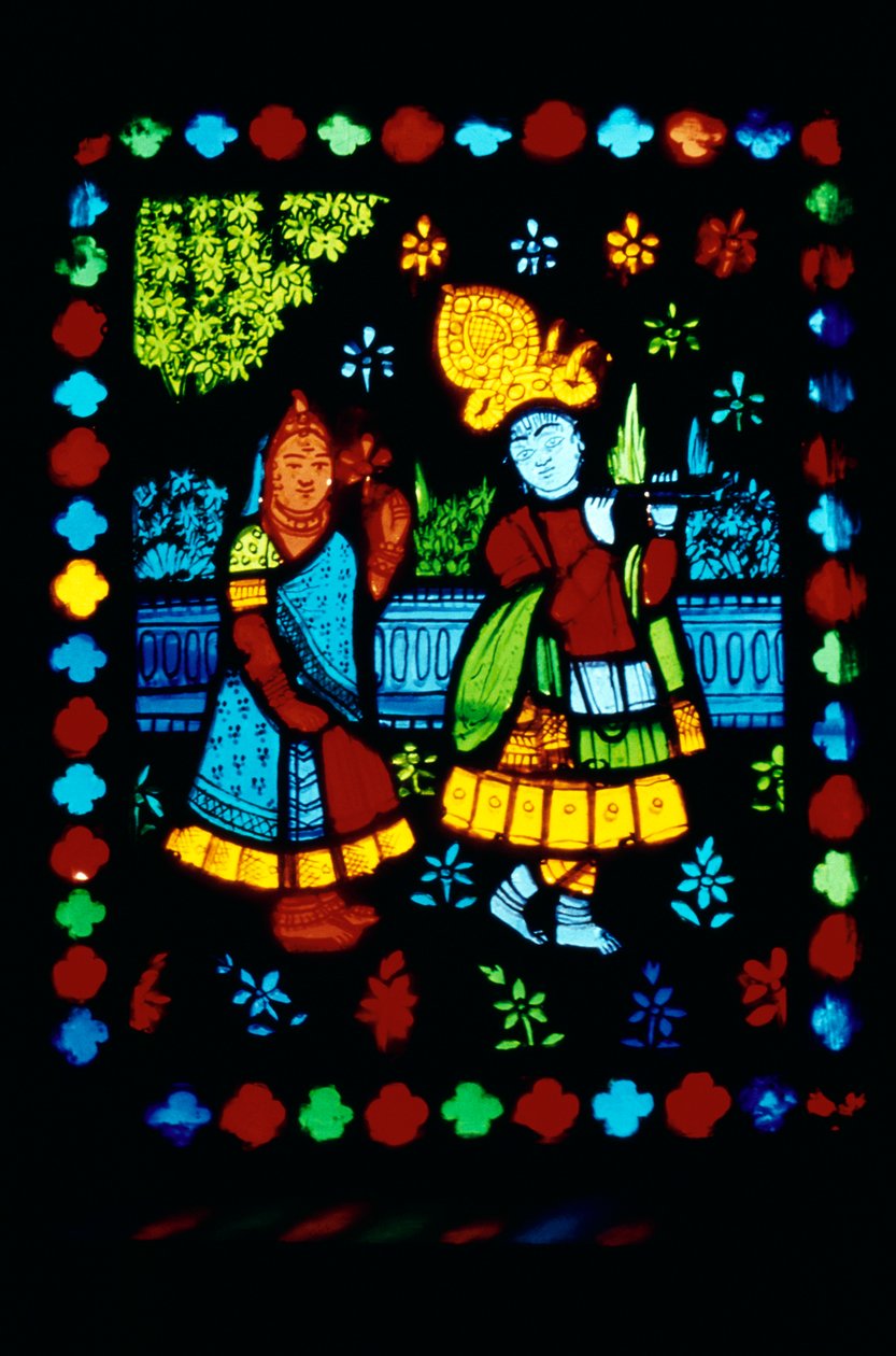 Radha Krishna på glasmålning av School Indian