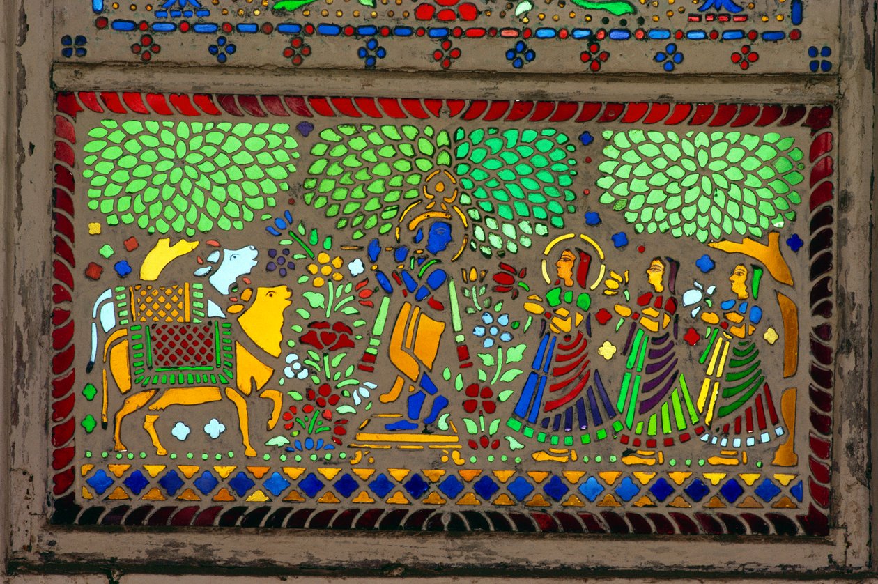 Radha Krishna med Sakhi på glasmålning av School Indian