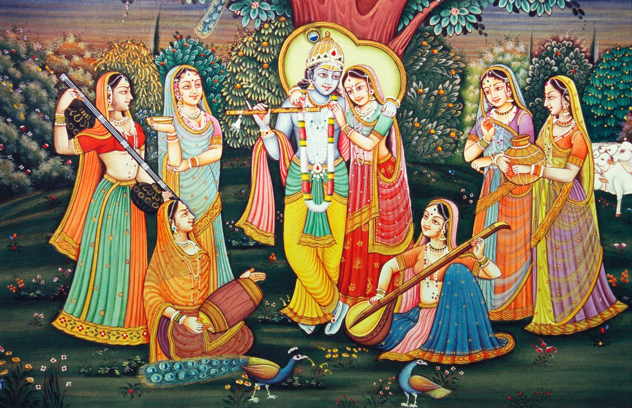 Radha Krishna med Sakhis Njut av musik av School Indian