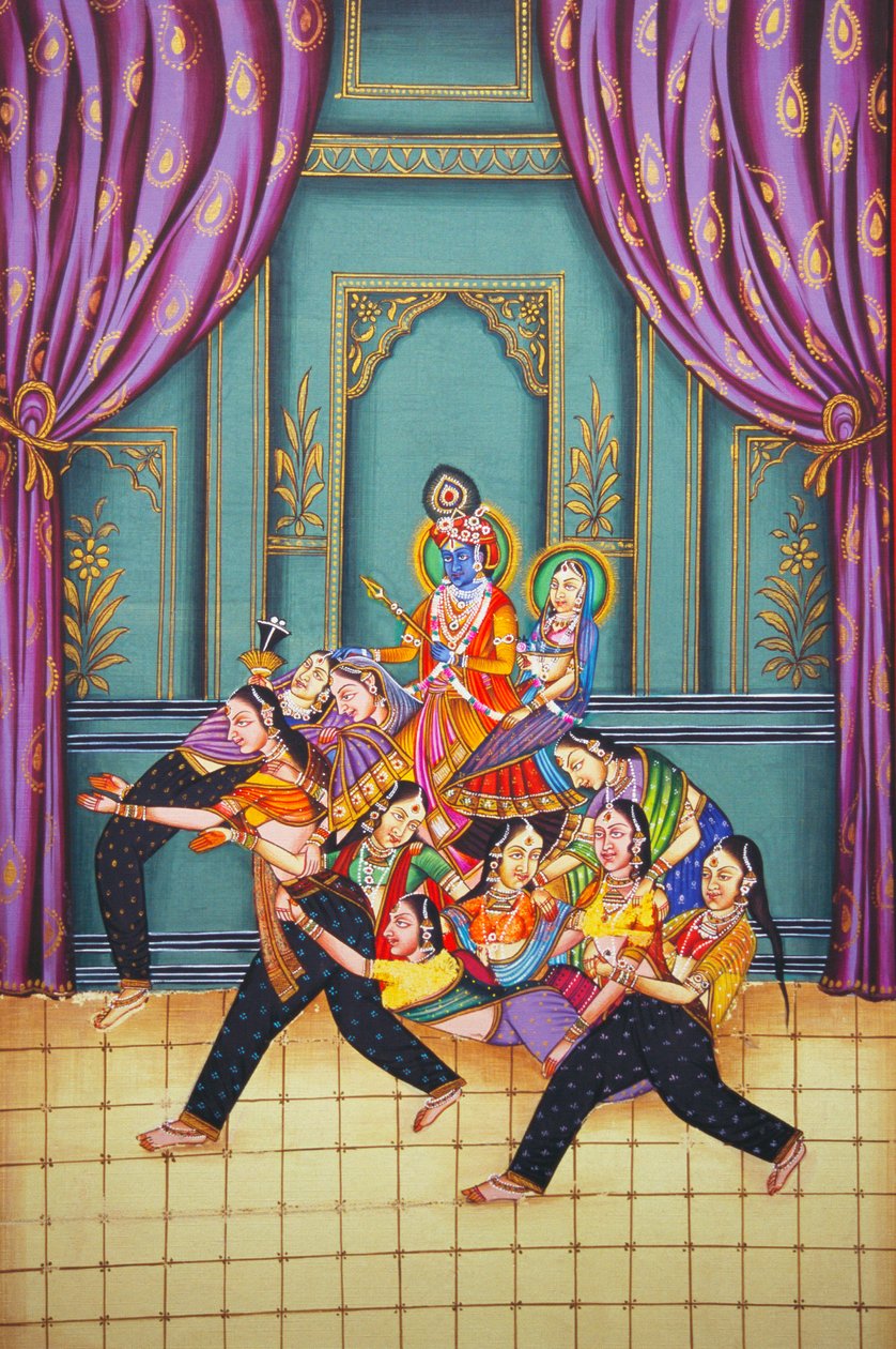 Radha Krishna med Sakhis Miniatyrmålning på papper av School Indian