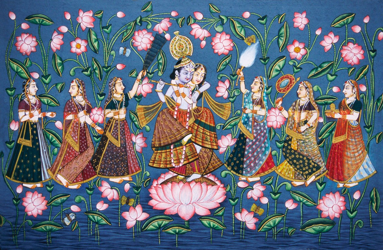 Radha Krishna med Sakhis Miniatyrmålning på papper av School Indian