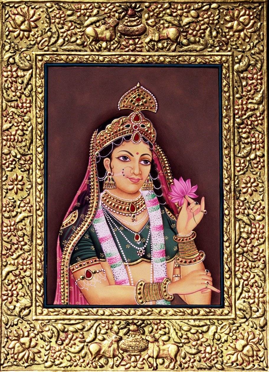 Radha Miniatyrmålning på papper med guldprägling av School Indian