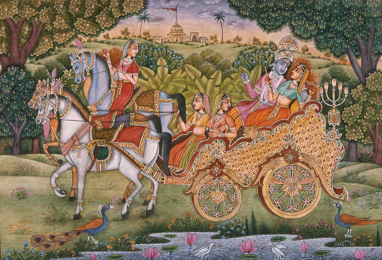 Radha och Krishna (gouache och akvarell på papper) av School Indian