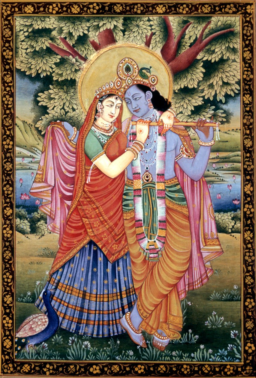 Radha och Krishna Kärleksscen Miniatyrmålning på papper av School Indian
