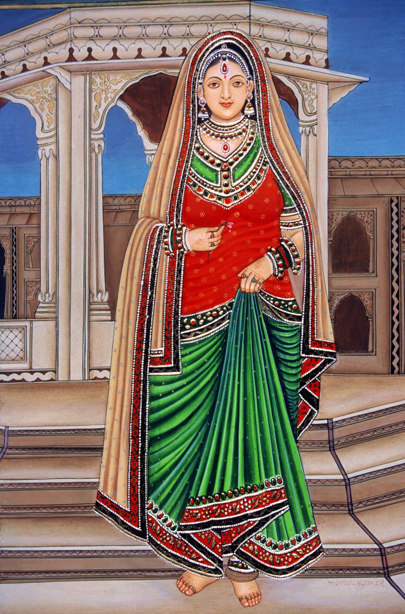 Rajasthani Lady at Tryst Miniatyrmålning på papper av School Indian