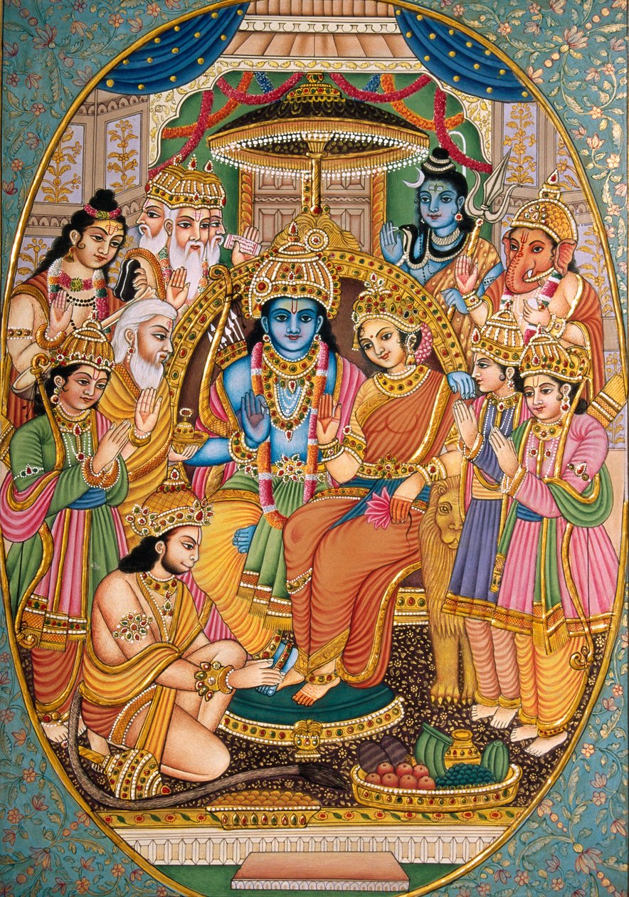 Ram-Darbar med andra gudar Miniatyrmålning på papper av School Indian