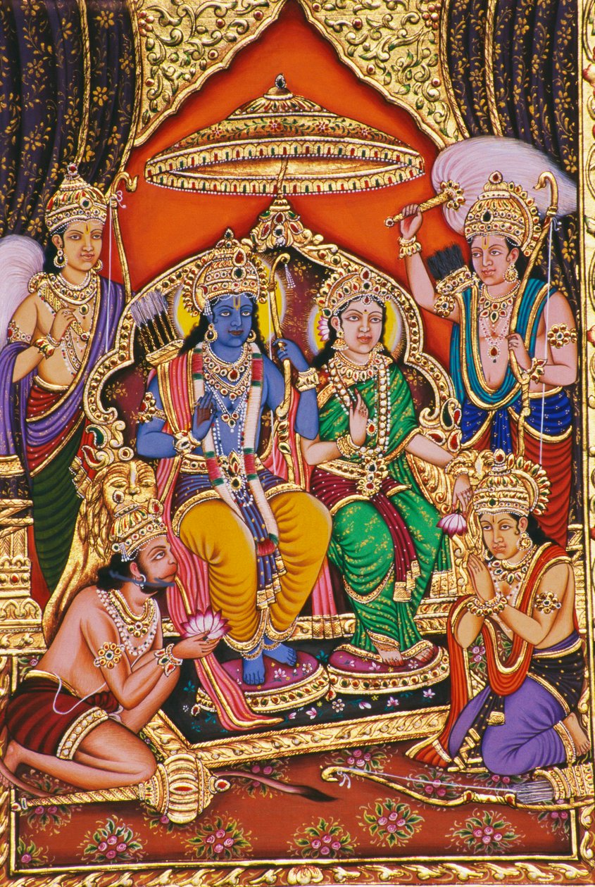 Ram Darbar Miniatyrmålning på papper med präglad av School Indian