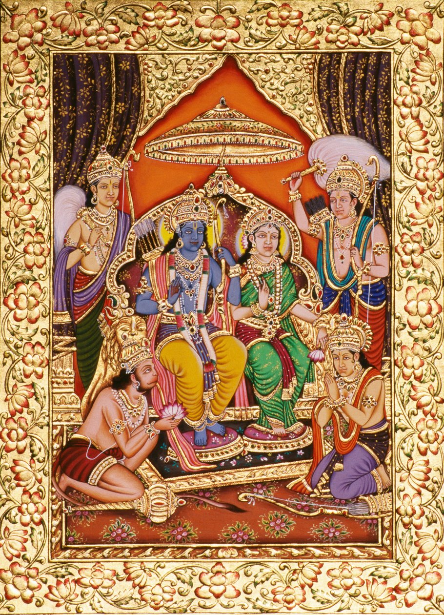 Ram Darbar i miniatyrmålning på papper med gyllene prägling av School Indian