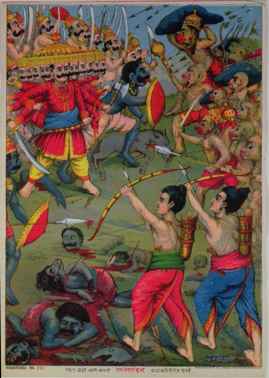 Rama och Lakshmana i strid med Ravana, Ramayana-eposet, ca 1914 (chromolitho) av School Indian