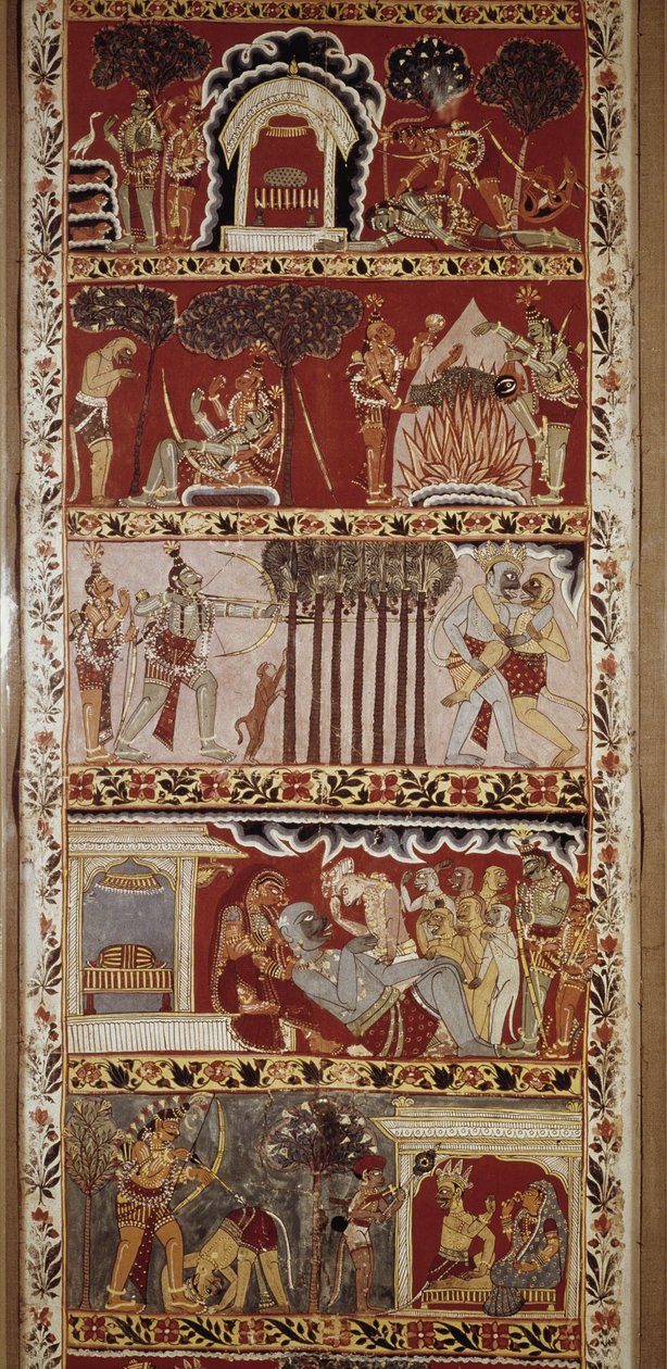 Scener av Ramayana, episk dikt komponerad på 600-talet av Valmiki och berättar legenden om Rama. Western Bengal.Victori & Albert Library. London av School Indian