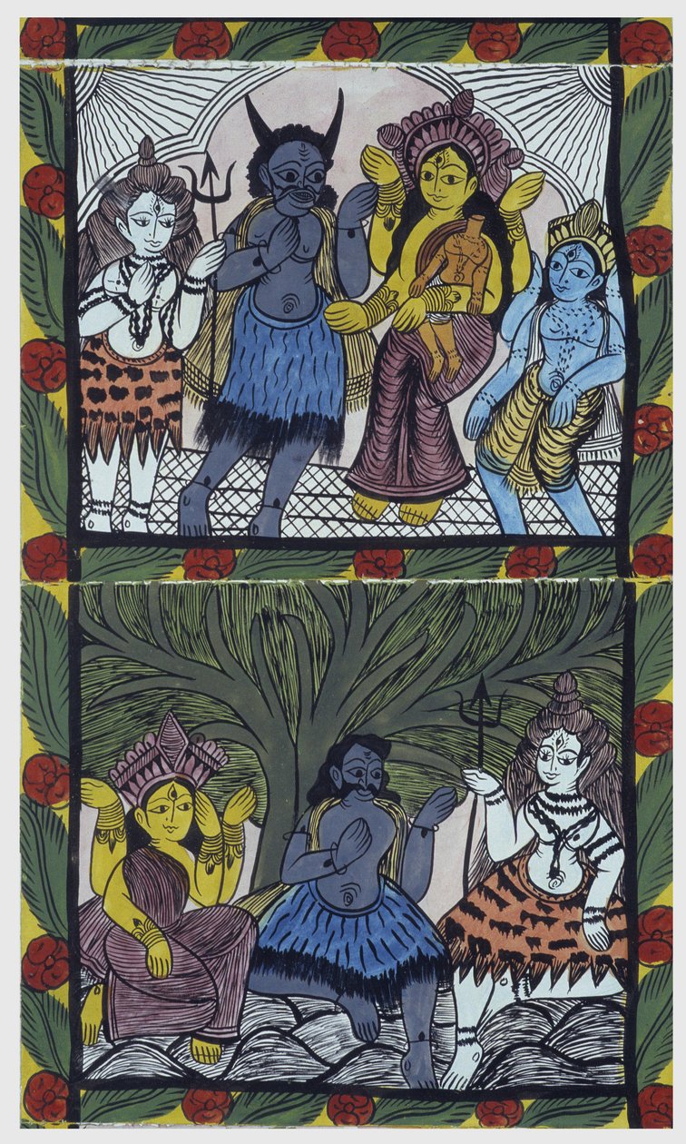 Shiva ger liv till Ganesha (Ganesh eller Ganapati), i famnen på sin mamma Parvati, efter att ha skurit hennes huvud till en arm av vrede. Pat: målad rulle från Bengal-regionen, som fungerar som ett berättande medium för musiker Baoul (eller baul). Leonard  av School Indian