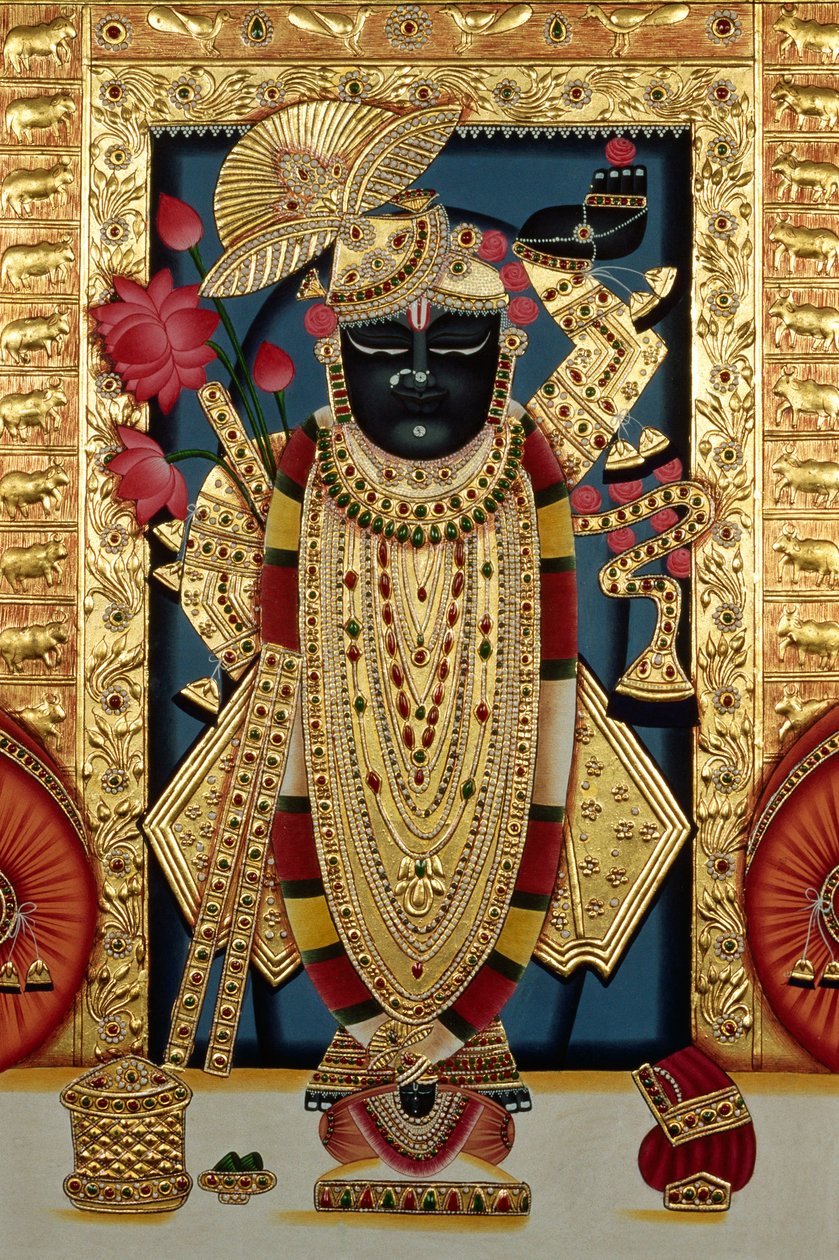 Shri Lord Shree Nathji eller Shreenathji i Nathdwara Miniatyrmålning på papper med guldprägling av School Indian