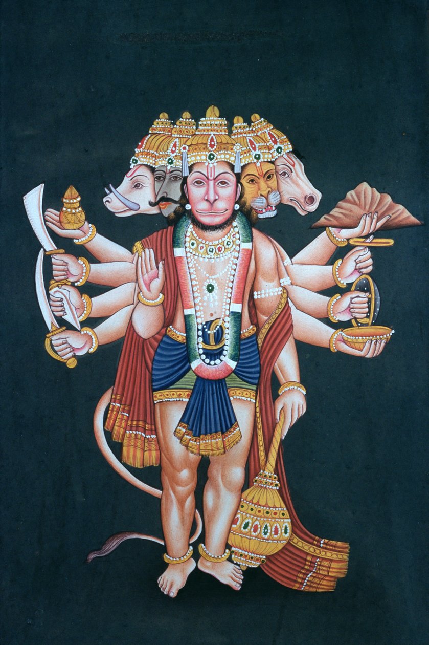 Shri Panchmukhi Hanuman (gouache och akvarell på papper) av School Indian