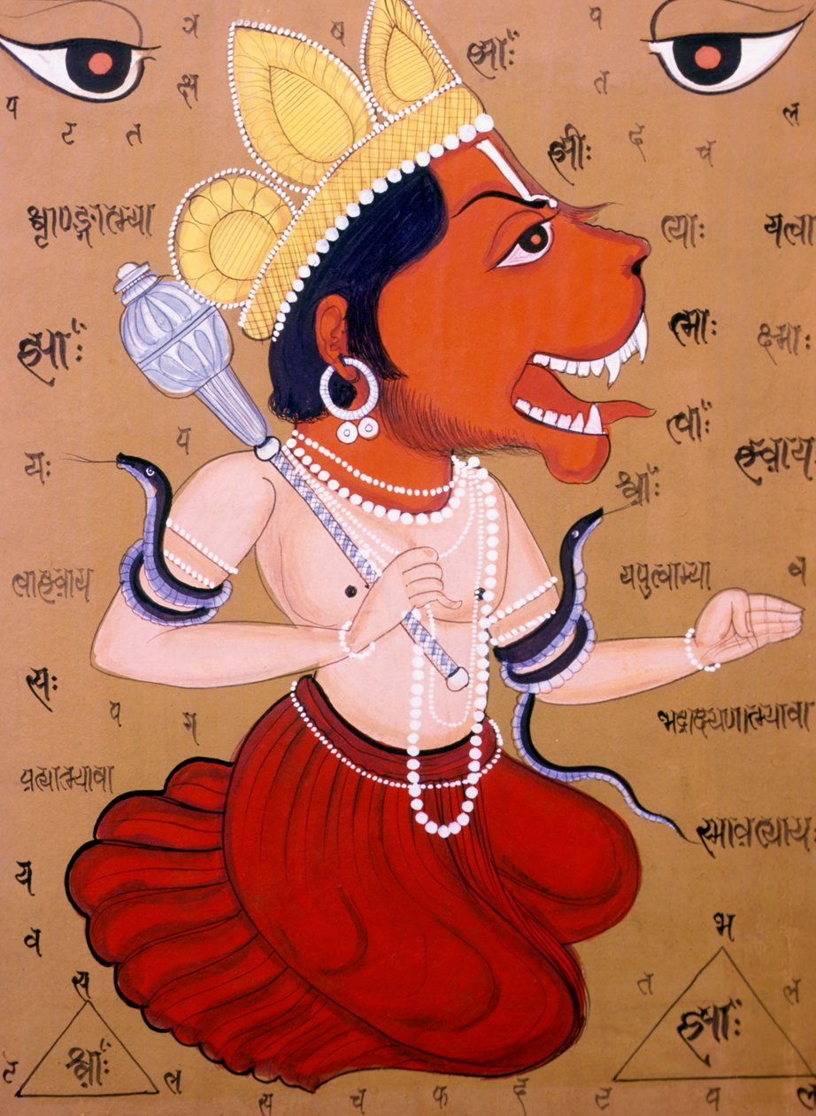 Tantrisk Hanuman Miniatyrmålningar på papper Indien av School Indian