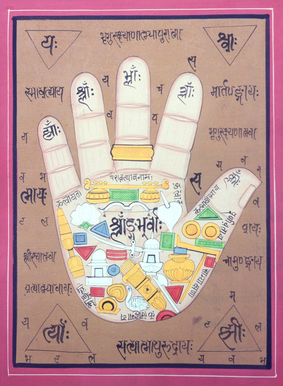 Tantriskt diagram över vänster hand (gouache och akvarell på papper) av School Indian