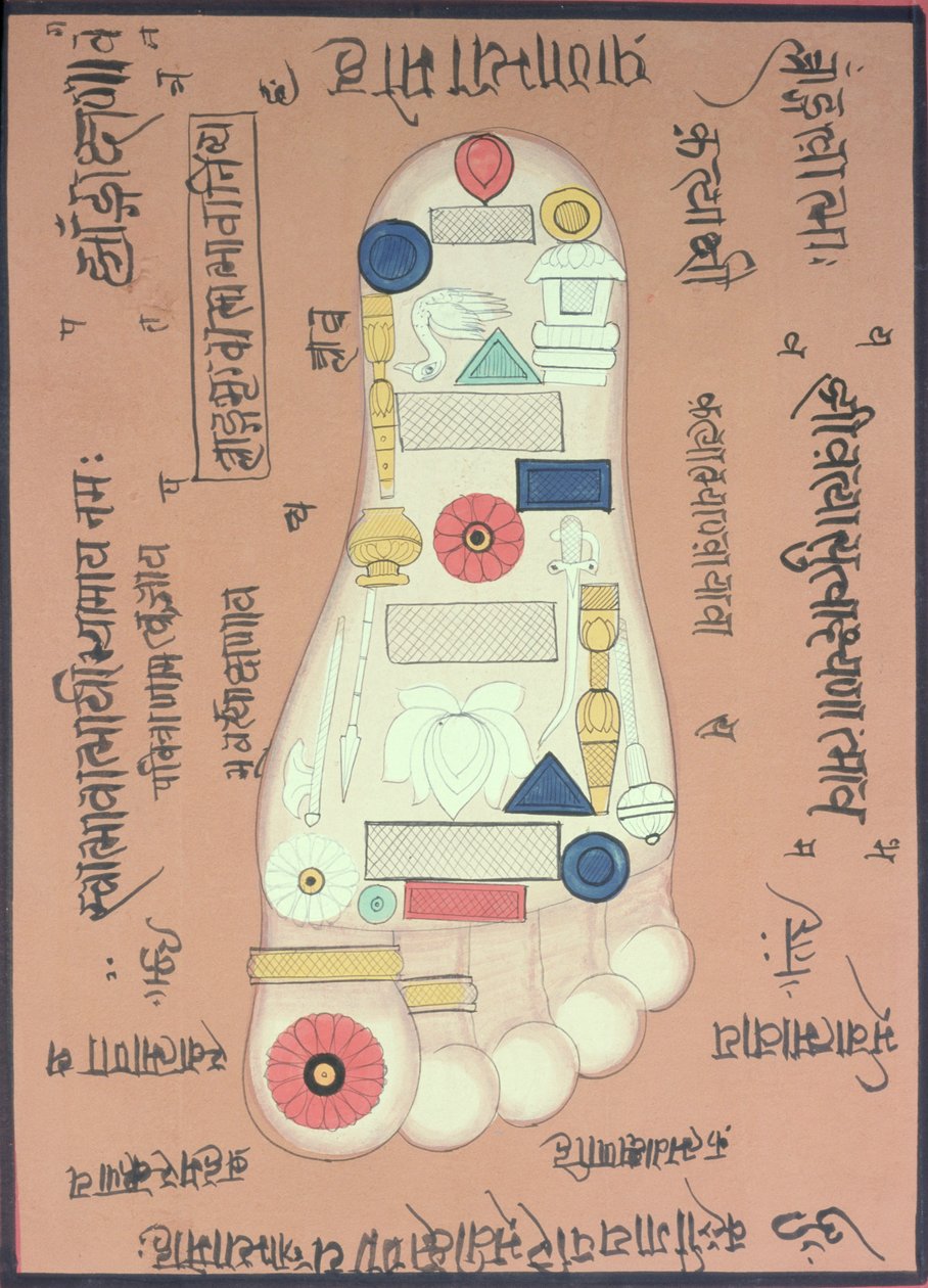 Tantriskt diagram över höger fot (gouache och akvarell på papper) av School Indian