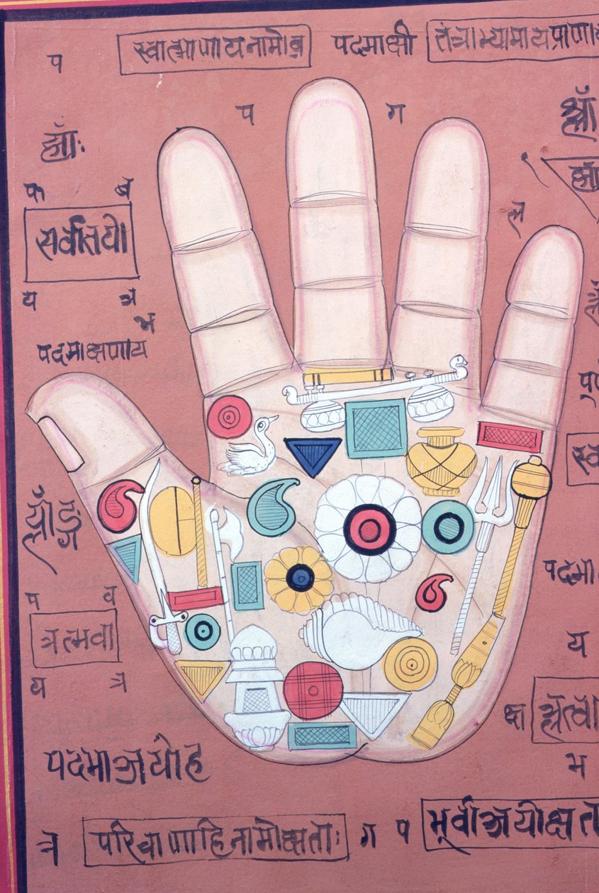 Tantriskt diagram över höger hand (gouache och akvarell på papper) av School Indian