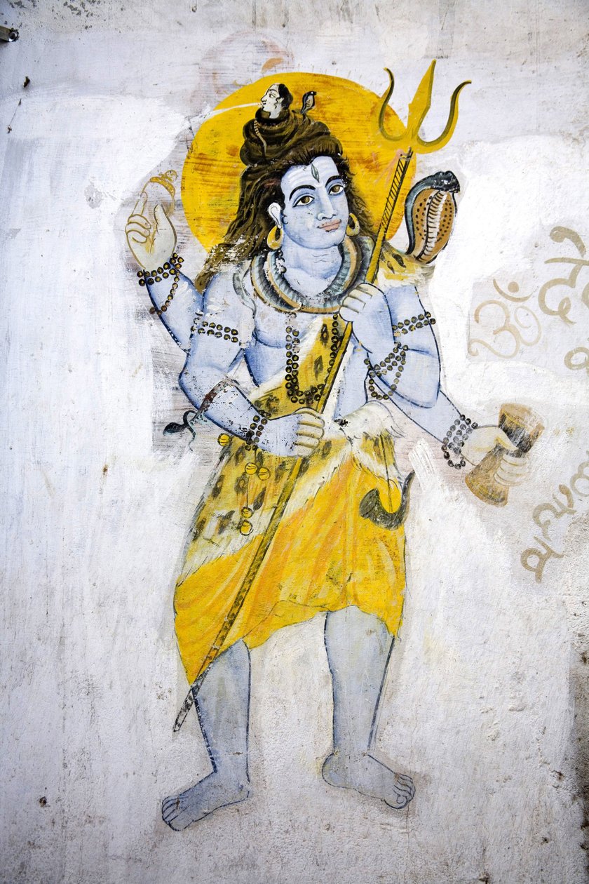 Guden Shiva med en trishul (fresk) av School Indian