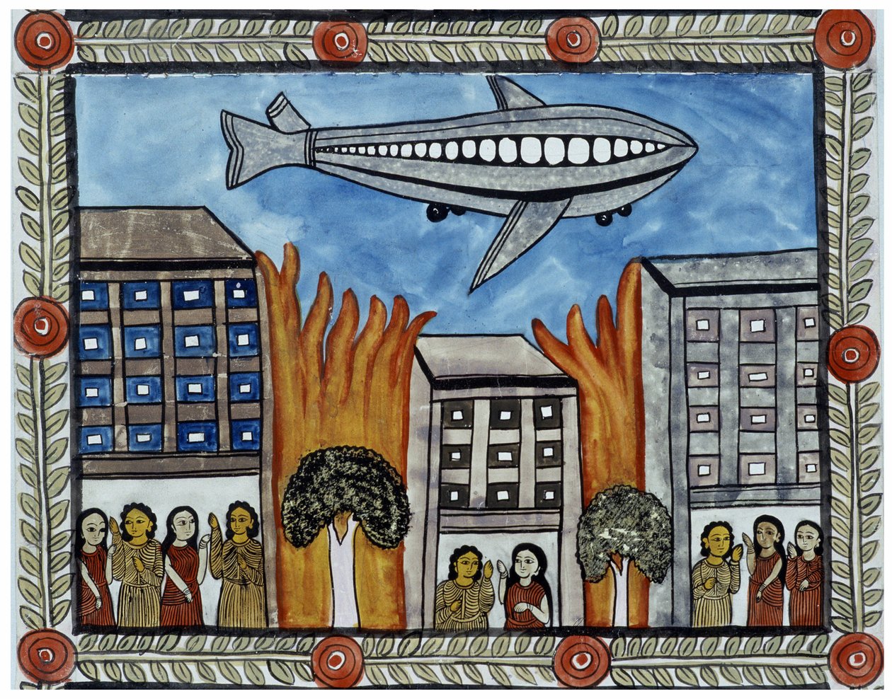 Berättelsen om attackerna den 11 september 2001 berättad av köpmännen Baul från Bengalen. Målning, serie, nummer 6/9, Bengal. av School Indian