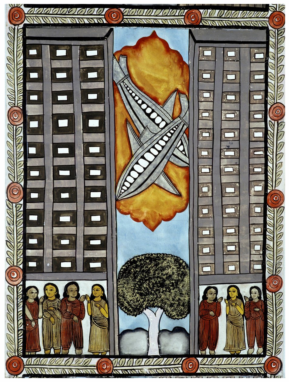 Historien om attackerna den 11 september 2001 berättad av köpmännen Baul från Bengalen, en illustration av planen som deltar i World Trade Center i New York. Målning, serie, nummer 3/9, Bengal. av School Indian