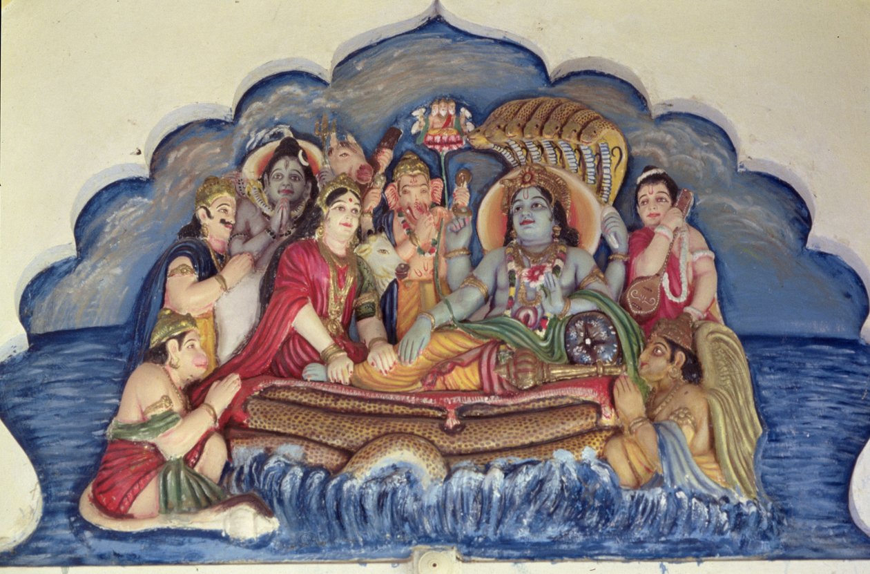 Vishnu Narayana, svävande på Sheshanaga (målad relief) av School Indian