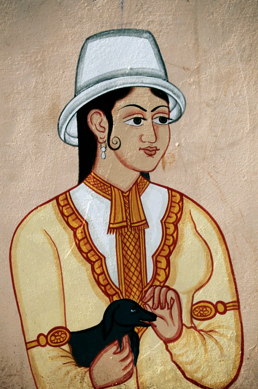 Väggmålning av brittisk dam med hundvalp, Jaipur, Rajasthan, Indien av School Indian