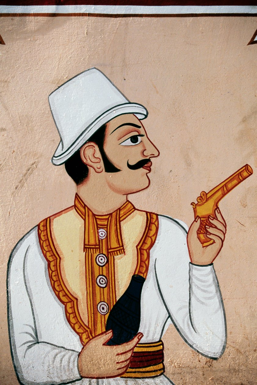 Väggmålning av brittisk soldat som håller i en pistol, Jaipur, Rajasthan, Indien av School Indian
